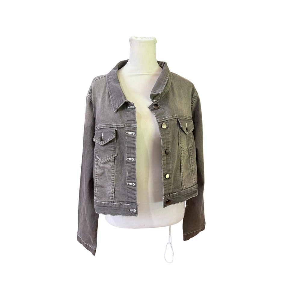 Agnes Orinda Womens Plus 2X Gray Cropped Denim Jacket Button Front Trucker Coat‎